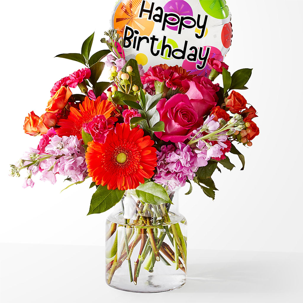 Fiesta Bouquet with Birthday Balloon – BLOOM & BLOSSOM NORTH RALEIGH, Cary NC