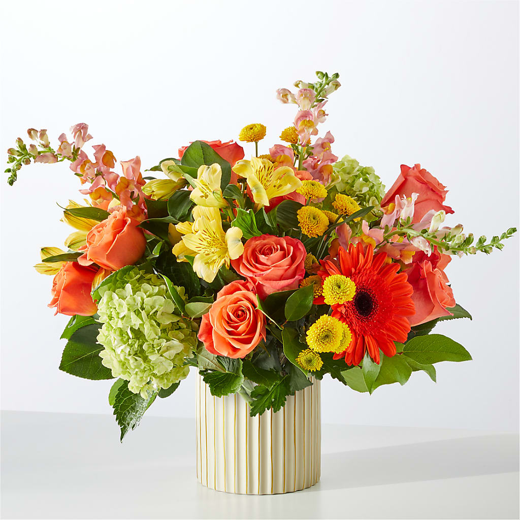 Autumn Sunshine Bouquet with Ivory Vase – BLOOM & BLOSSOM NORTH RALEIGH, Cary NC
