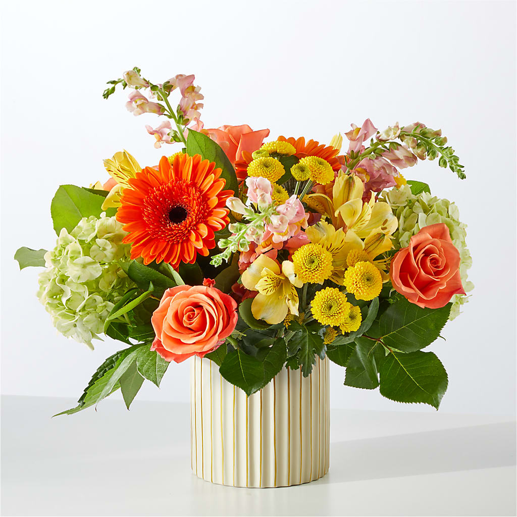 Autumn Sunshine Bouquet with Ivory Vase – BLOOM & BLOSSOM NORTH RALEIGH, Cary NC